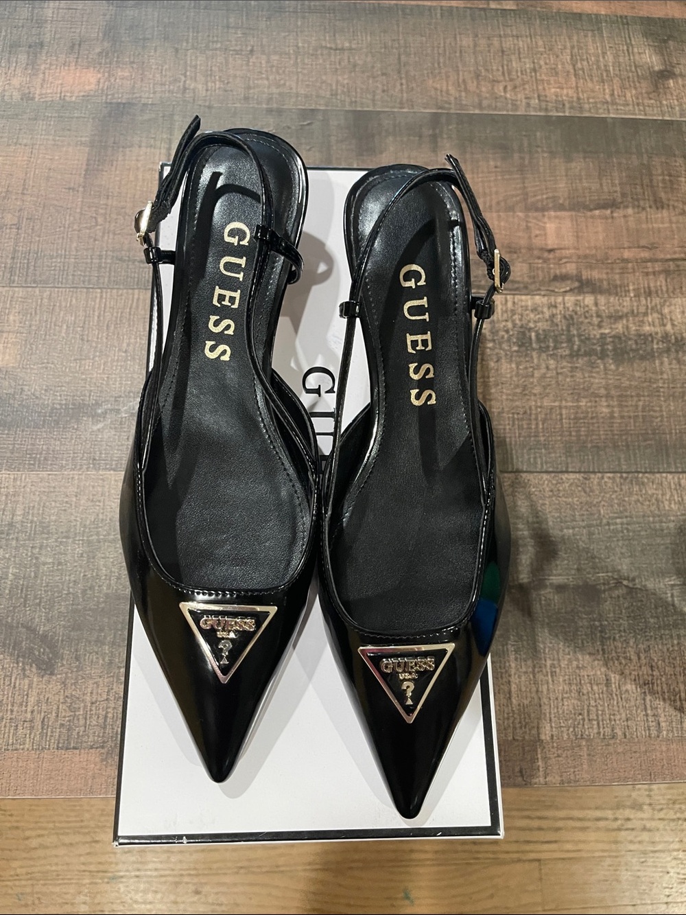 GUESS Black Patent Pointed Slingback Heels with Gold Logo